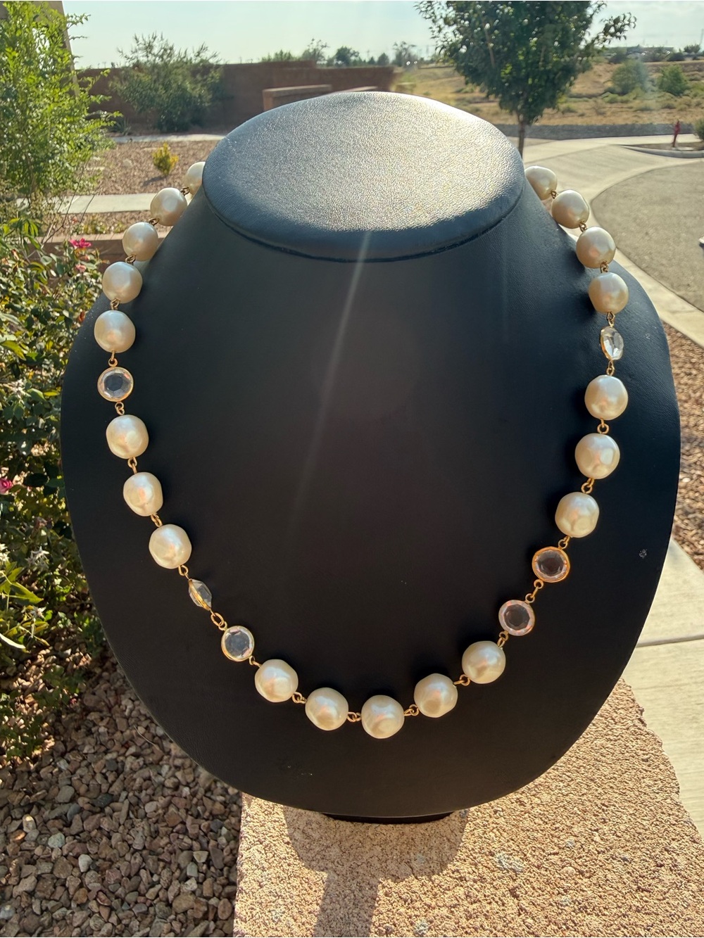 Givenchy Crystal Bezel Necklace Faux Baroque Pearl Signed Designer Jewelry 24”